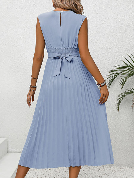 Light Blue Pleated Cap Sleeve Dress