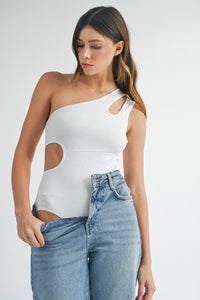 One Shoulder Ribbed Cutout Bodysuit