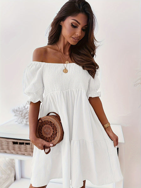 Ruffled Off-Shoulder Short Sleeve Dress+