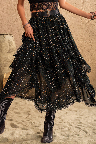 Black Lace Layered Midi Skirt