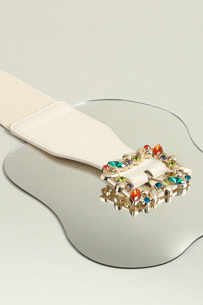 Ivory Multicolored Gem Buckle Elastic Belt