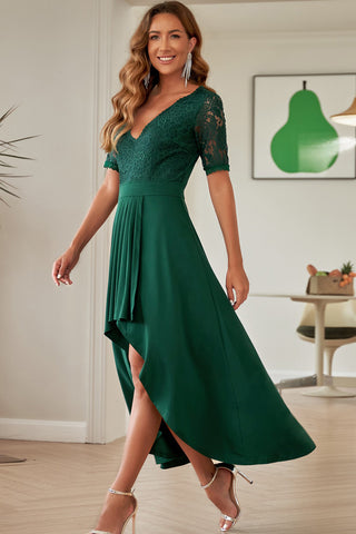 V-Neck Lace Half Sleeve High-Low Dress