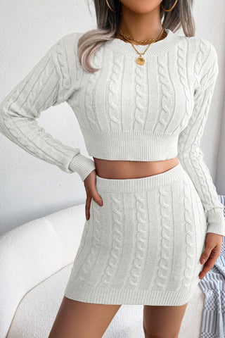 Cable-Knit Round Neck Top and Skirt Sweater Set