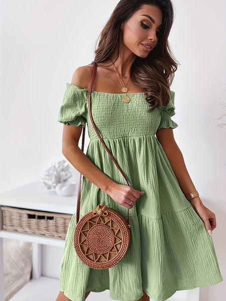 Ruffled Off-Shoulder Short Sleeve Dress+