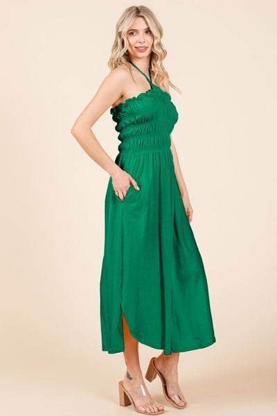 Green Tie Back Shirring Dress with Pockets