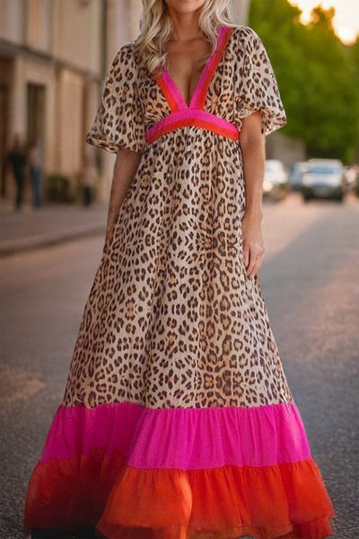 Leopard V-Neck Half Sleeve Maxi Dress+