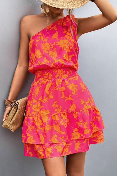 Floral One Shoulder Smocked Dress