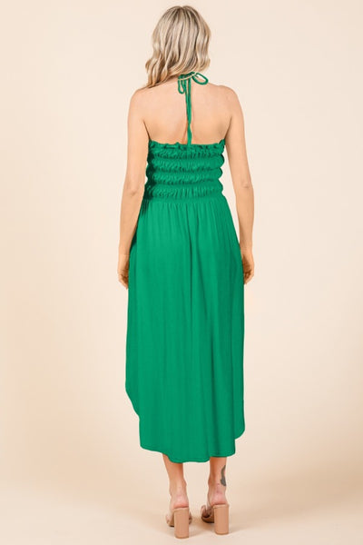 Green Tie Back Shirring Dress with Pockets