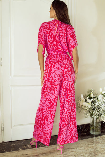 Hot Pink Mock Neck Kimono Sleeve Jumpsuit