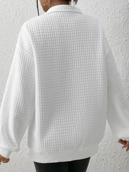 White Waffle Knit Collared Sweatshirt