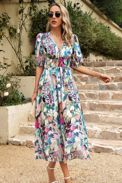 Smocked Printed V-Neck Half Sleeve Midi Dress