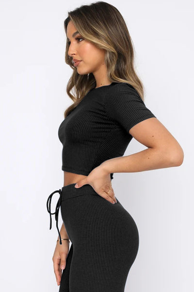 Short Sleeve Crop Top and Drawstring Pants Set