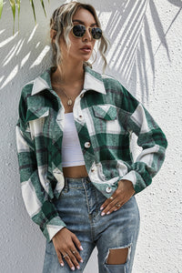 Dark Green Plaid Cropped Shirt Jacket