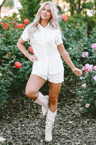 White Pocketed Button Up Top and Shorts Set