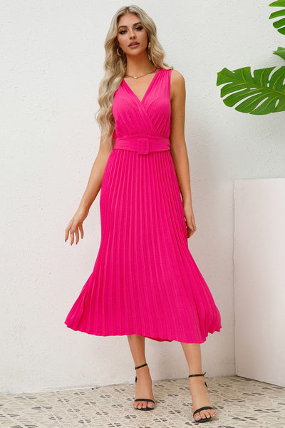 Pleated Surplice Belted Midi Dress