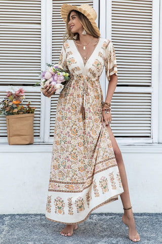 Floral Drawstring Half Sleeve Long Dress