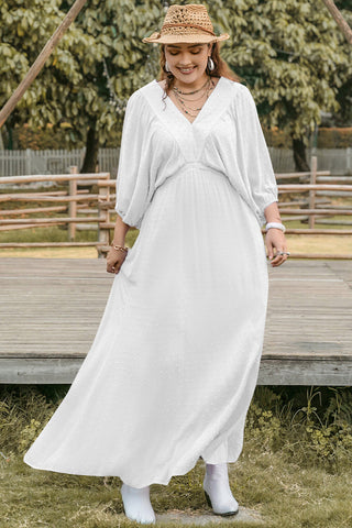 White Swiss Dot Three-Quarter Sleeve Maxi Dress+