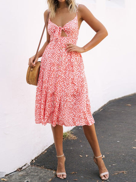 Bow and Buttons Smocked Midi Dress