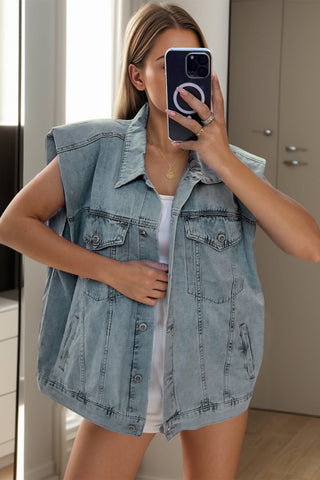 Pocketed Button Up Cap Sleeve Denim Jacket