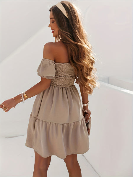 Ruffled Off-Shoulder Short Sleeve Dress+