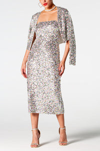 Silver Sequins Cardigan and Midi Dress Set