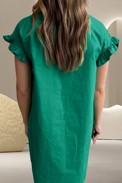 Green Ruffled Flounce Sleeve Dress