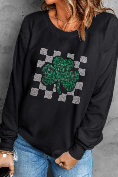 Rhinestone Checkered Lucky Clover Sweatshirt