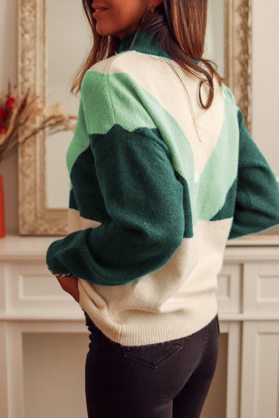 Green Colorblock Buttoned Sweater