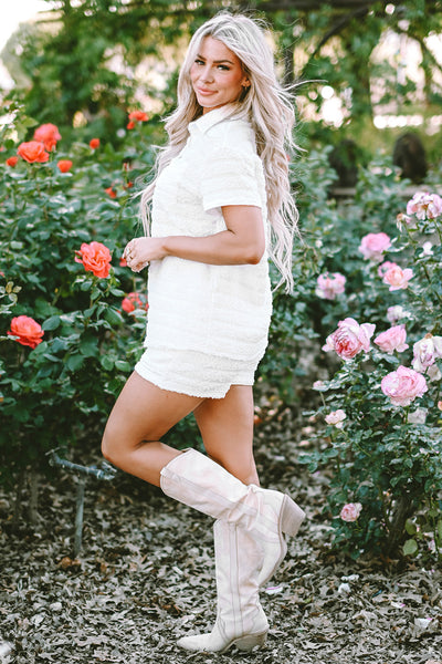 White Pocketed Button Up Top and Shorts Set