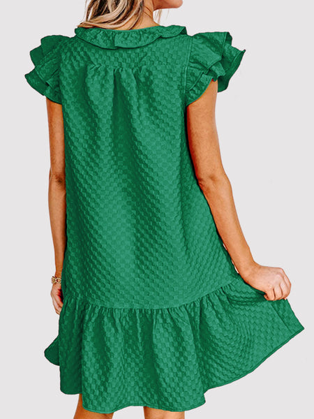 Green Ruffled Tie Neck Cap Sleeve Dress