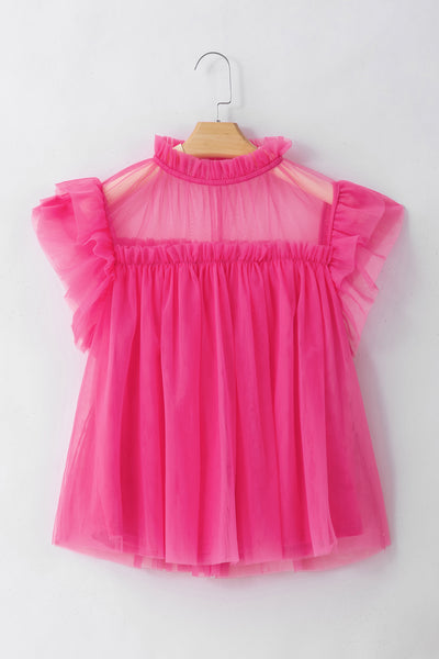 Hot Pink Frill Mock Neck Cap Sleeve Blouse