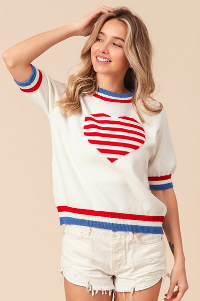 USA Collection Striped Heart Short Sleeve Sweater