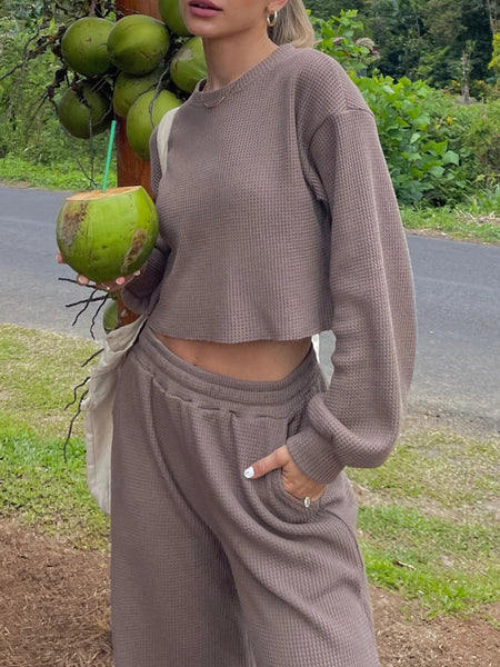 Waffle Knit Round Neck Top and Pants Set