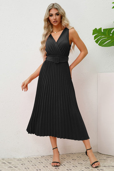 Pleated Surplice Belted Midi Dress