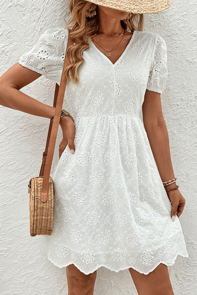 White V-Neck Short Sleeve Mini Dress