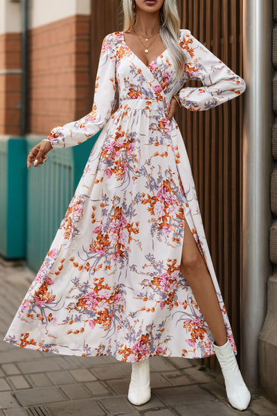 Slit Printed Surplice Long Sleeve Maxi Dress