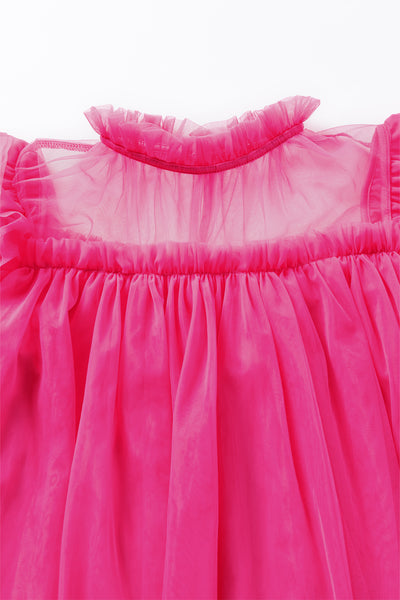 Hot Pink Frill Mock Neck Cap Sleeve Blouse