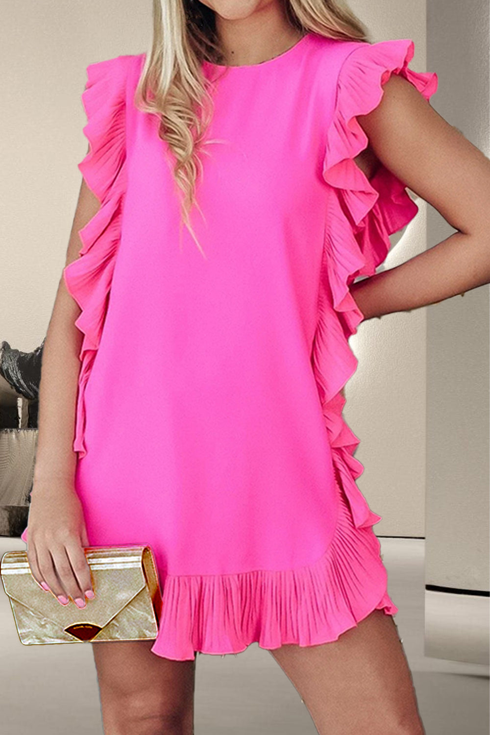 Bright Pink Ruffled Cap Sleeve Mini Dress