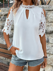 White Lace Mock Neck Cold Shoulder Top