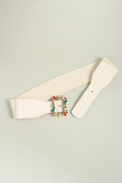 Ivory Multicolored Gem Buckle Elastic Belt