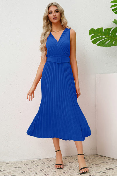 Pleated Surplice Belted Midi Dress