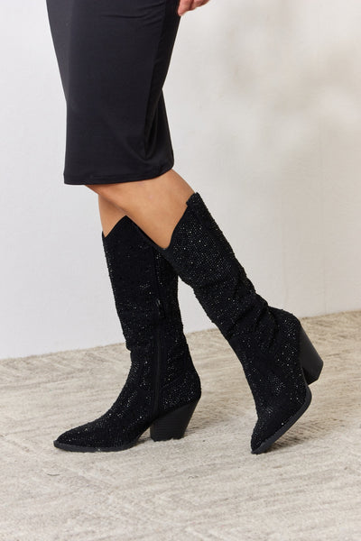 Black Rhinestone Knee High Cowboy Boots