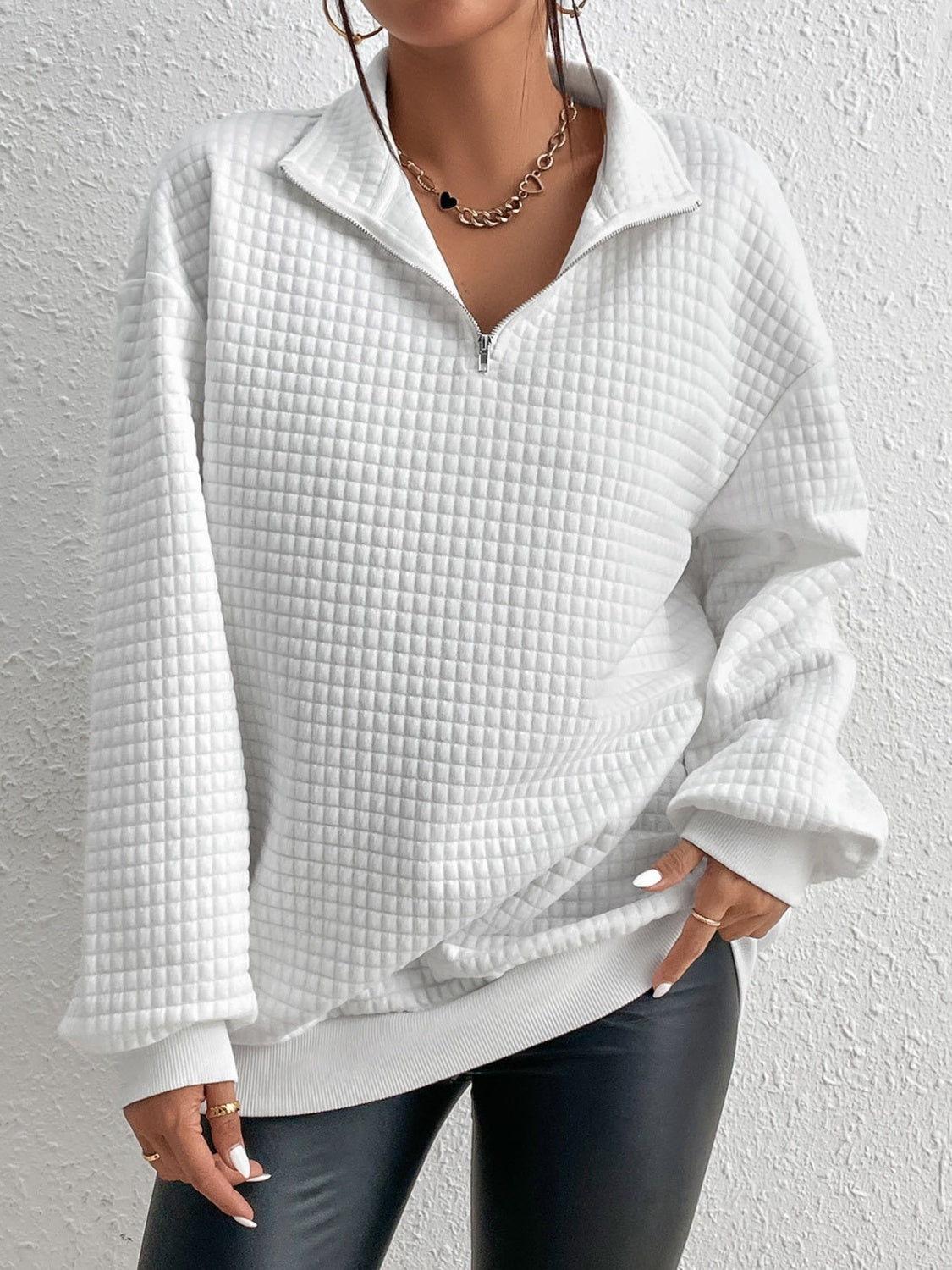 White Waffle Knit Collared Sweatshirt