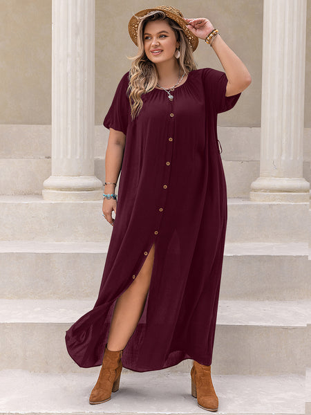 Button Down Round Neck Maxi Dress+