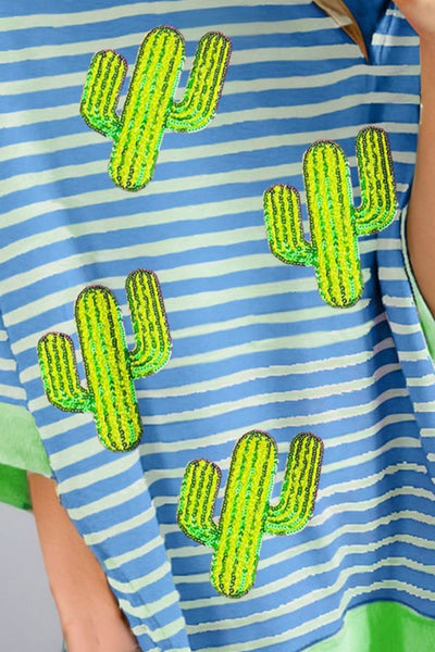 Sequins Cactus Striped Round Neck T-Shirt