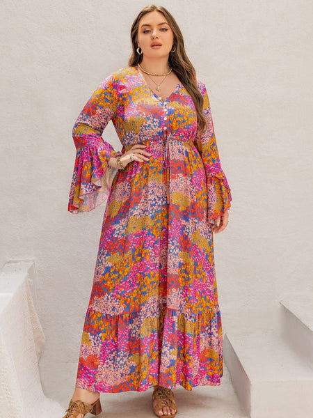 Floral V-Neck Long Sleeve Maxi Dress+