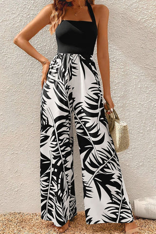 Palm Print Wide Leg Jumpsuit