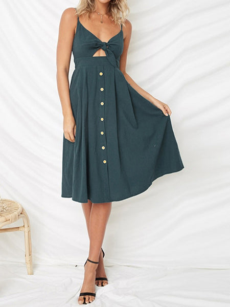 Bow and Buttons Smocked Midi Dress