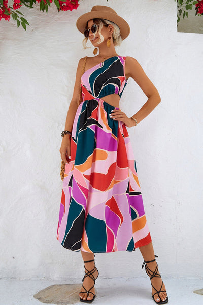 Printed Cutout One-Shoulder Sleeveless Dress