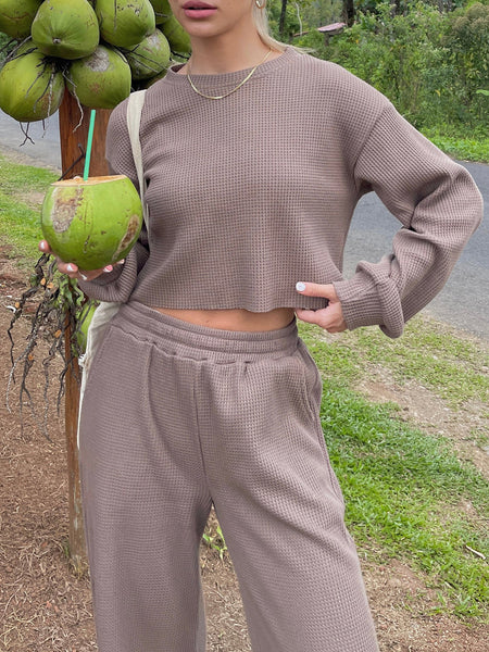 Waffle Knit Round Neck Top and Pants Set